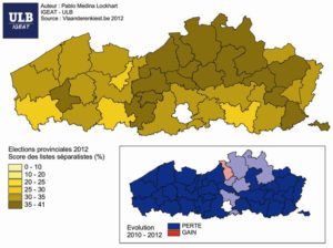 La carte compare les scores, obtenus par la N-VA/VB/LDD en 2010 et en 2012. Résultat: un petit gain à Anvers (=rouge), et quasiment partout des pertes, indiquées en bleu intense/De kaart vergelijkt de score van N-VA/VB/LDD in 2010 en 2012. Resultaat: een kleine winst in Antwerpen (rood) en bijna overal verlies, in donkerblauw aangegeven (source/bron: Le Vif) La carte compare les scores, obtenus par la N-VA/VB/LDD en 2010 et en 2012. Résultat: un petit gain à Anvers (=rouge), et quasiment partout des pertes, indiquées en bleu intense/De kaart vergelijkt de score van N-VA/VB/LDD in 2010 en 2012. Resultaat: een kleine winst in Antwerpen (rood) en bijna overal verlies, in donkerblauw aangegeven (source/bron: Le Vif)
