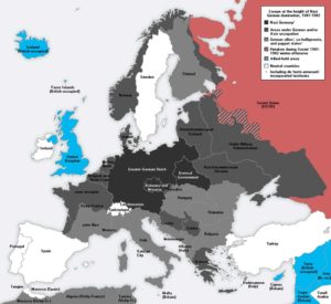 L'Europe en 1941: en gris/noir l'Allemagnie nazie et ses satellites, en blue les alliés, en blanc les pays neutres (l'Espagne et le Portugal étaient des pays neutres, mais fascistes) - Europa in 1941: in grijs/zwart Nazi-Duitsland en zijn satellietstaten, in blauw de geallieerden, in wit de neutrale landen (Spanje en Portugal waren neutrale landen, maar onder een fascistisch regime)
