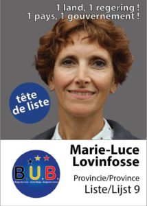 Marie-Luce Lovinfosse, lijsttrekker B.U.B. in “Vlaams”-Brabant (westelijk district). Marie-Luce Lovinfosse, tête de liste en Brabant “flamand” (partie occidentale); Photo – foto B.U.B.