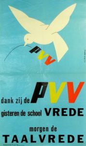Le PVV-PLP en 1968: un parti unitariste, luttant pour la paix linguistique - de PVV-PLP in 1968: een unitaristische partij die het opnam voor de taalvrede; bron-source: http://www.liberaalarchief.be/afb/1968-PVV.jpg